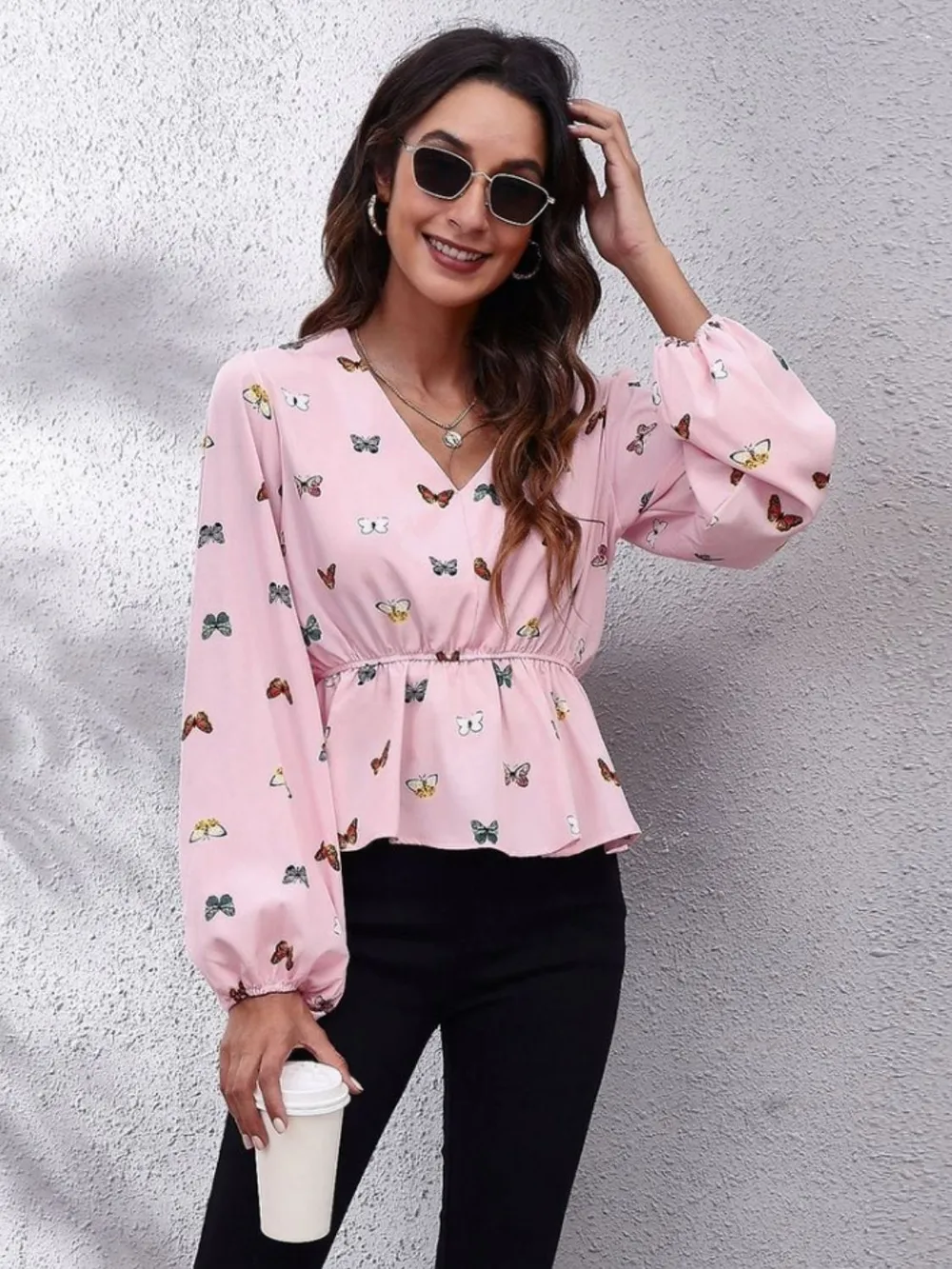 Printed V-Neck Long Sleeve Blouse, image 4