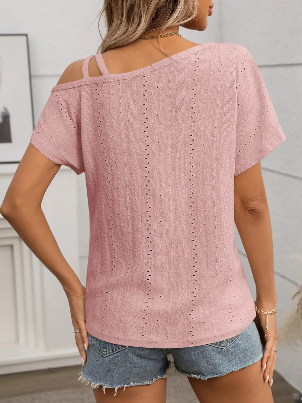 Eyelet Asymmetrical Shoulder Short Sleeve T-Shirt, image 4