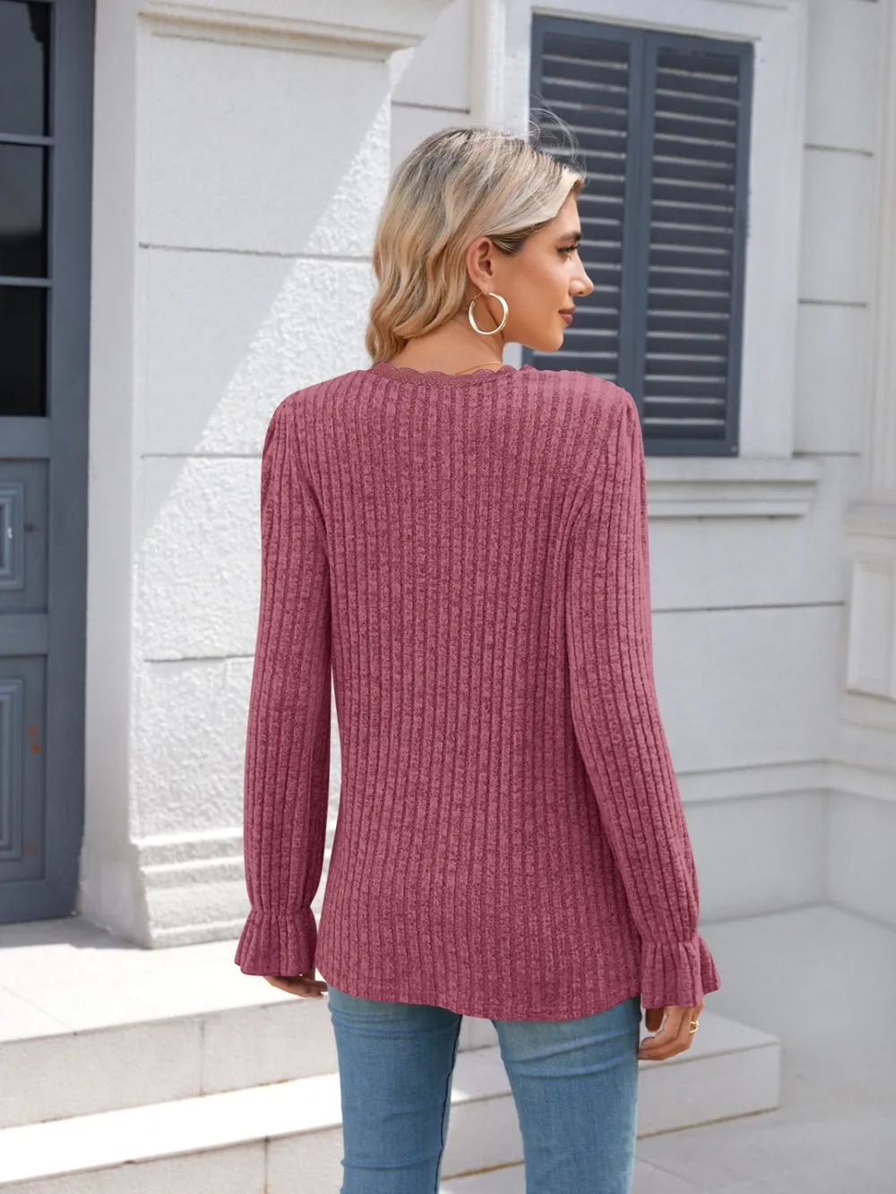 Lace Detail V-Neck Long Sleeve T-Shirt, image 32