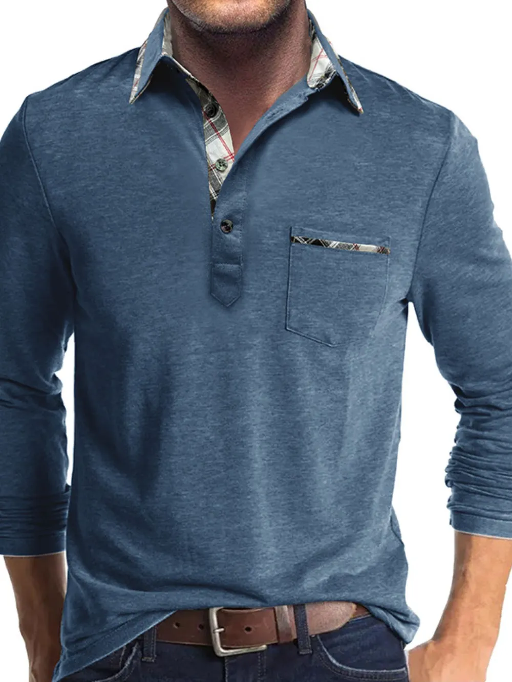 Men's Full Size Plaid Collar Neck Long Sleeve Polo Shirt Plus Size, image 13