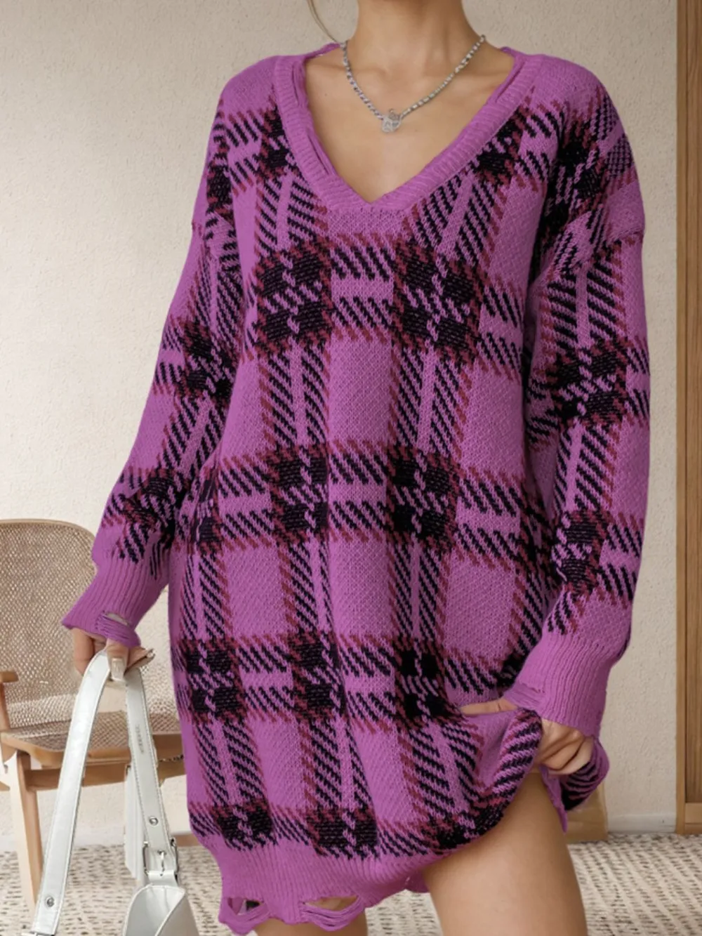 Distressed Plaid V-Neck Long Sleeve Sweater Dress, image 7