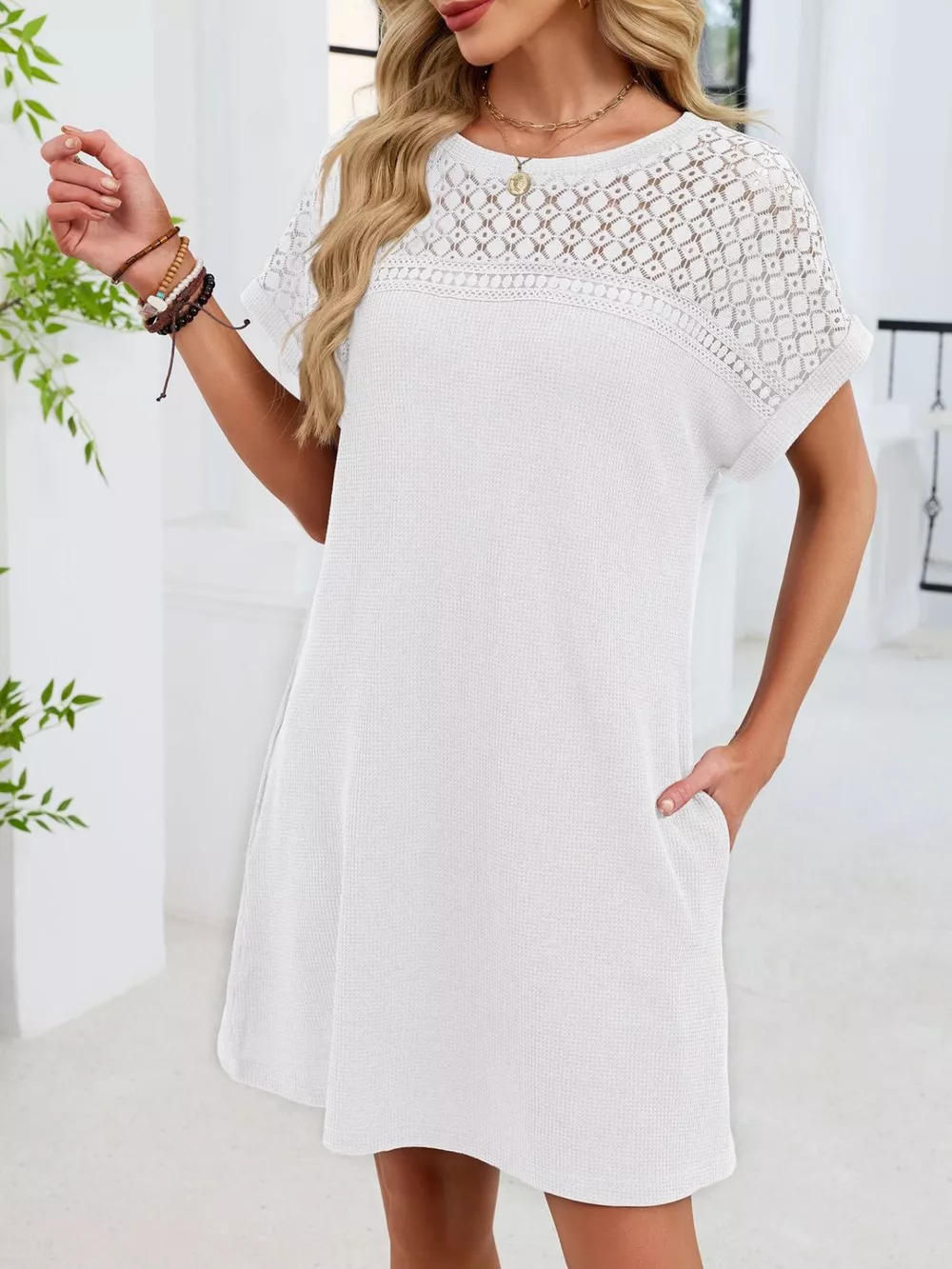 Lace Round Neck Short Sleeve T-Shirt Dress, image 3