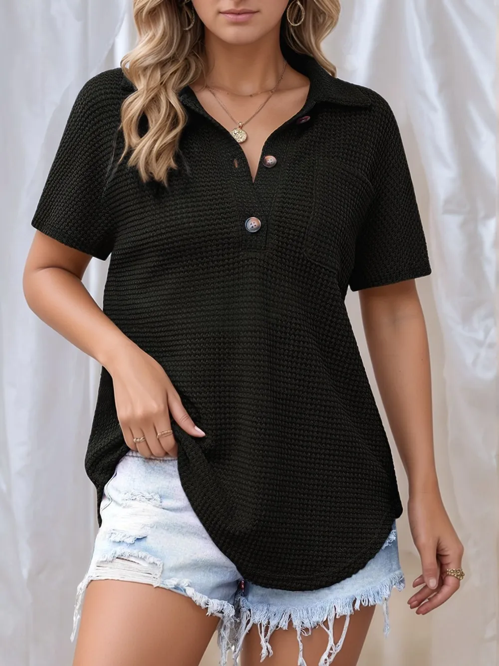 Waffle-Knit Short Sleeve Polo Shirt