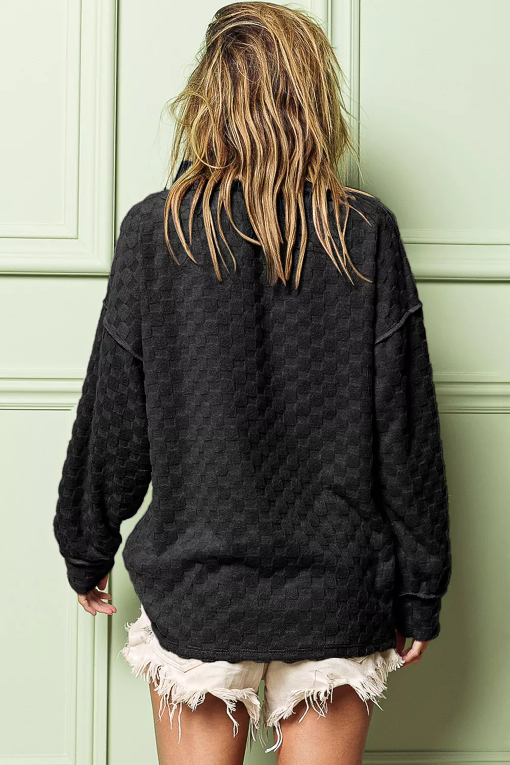 Checkered Round Neck Exposed Seam Top, image 2