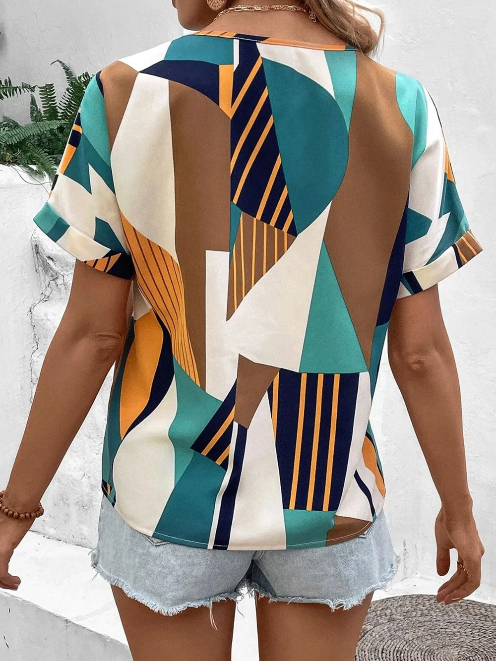 Printed V-Neck Short Sleeve Blouse, image 2