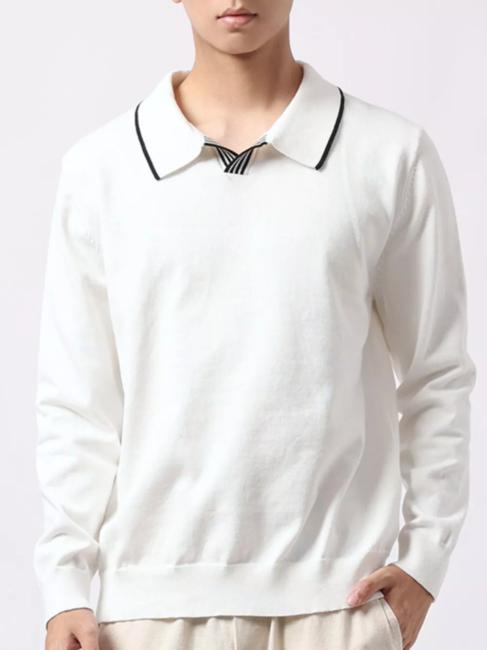 Men's Plus Size Long-Sleeve Contrast Trim Polo, image 5