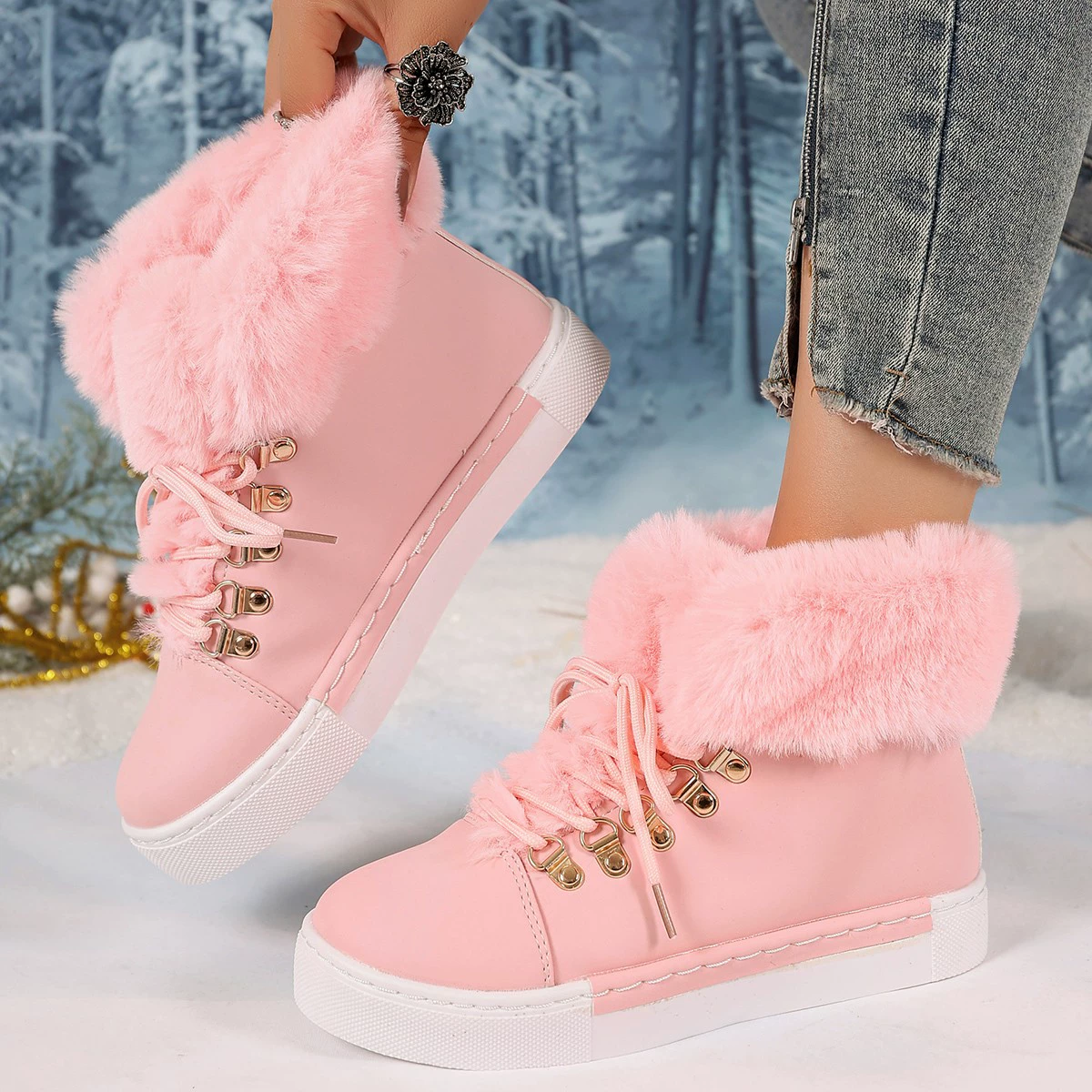 Fuzzy Trim Lace-Up Ankle Boots, image 21