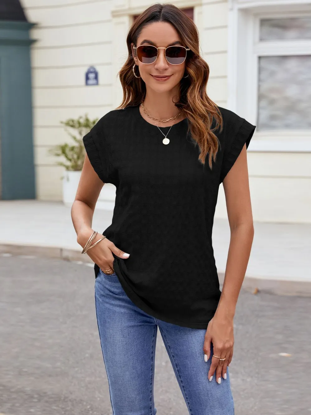 Textured Round Neck Cap Sleeve T-Shirt, image 26