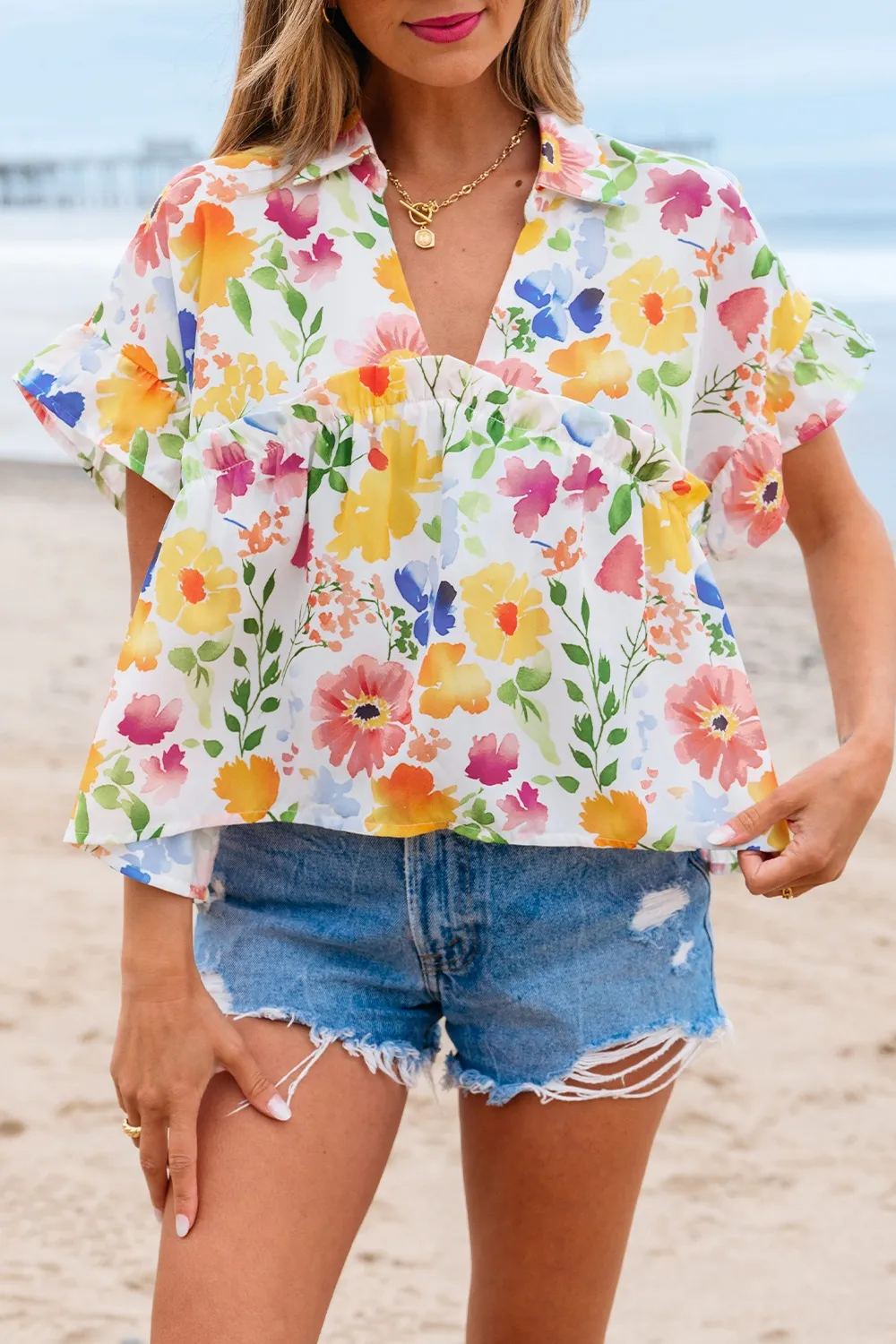 Floral Boxy Fit Ruffled Short Sleeve Blouse, image 2