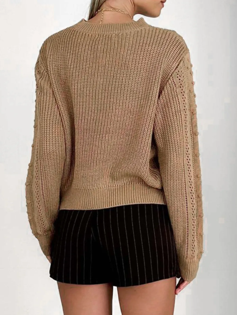Openwork Round Neck Long Sleeve Sweater, image 5