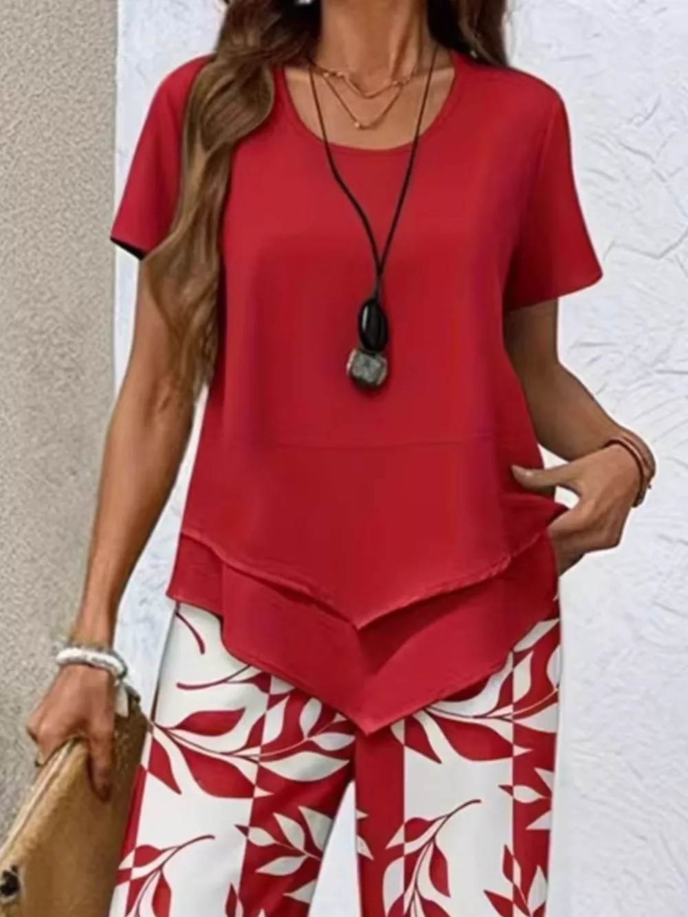 Layered Top and Leaf Print Cropped Pants Set, image 6