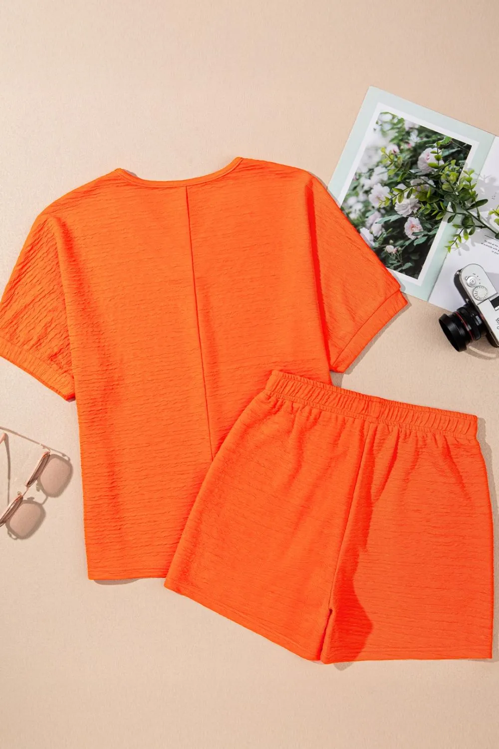 Textured V Neck T Shirt and Shorts Set, image 2