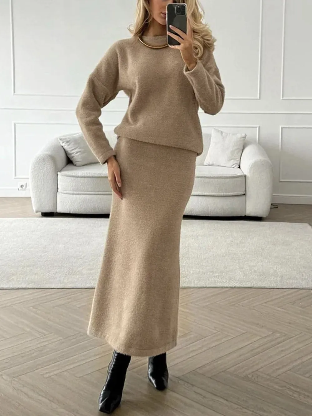 Round Neck Dropped Shoulder Top and Midi Skirt Sweater Set, image 3