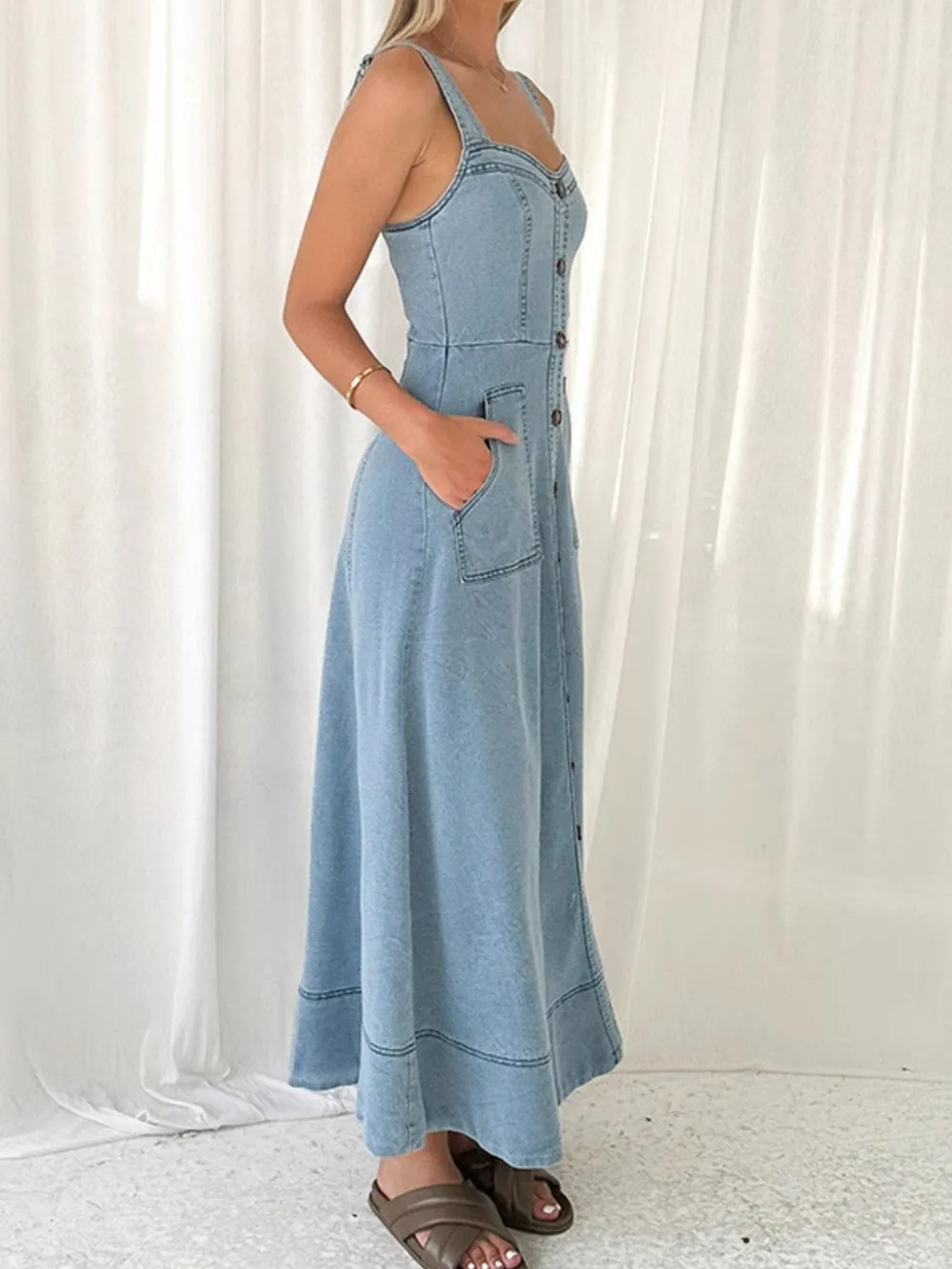 Wide Strap Sweetheart Neck Denim Dress, image 5
