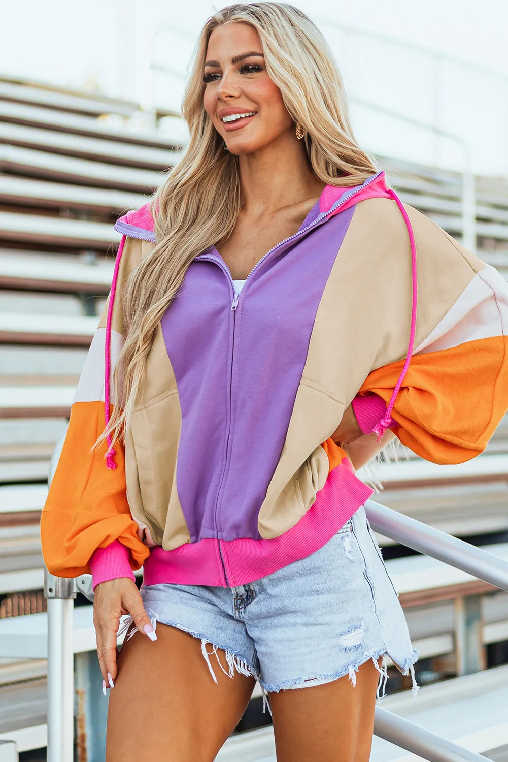 Drawstring Color Block Zip Up Long Sleeve Hoodie, image 4