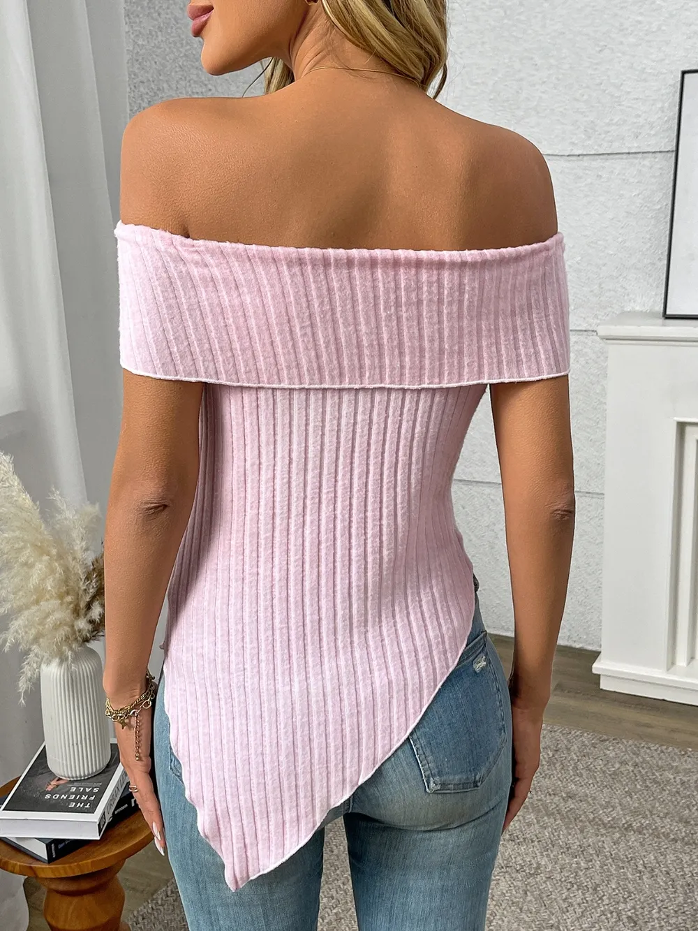 Ribbed Off-Shoulder Asymmetrical Hem T-Shirt, image 15