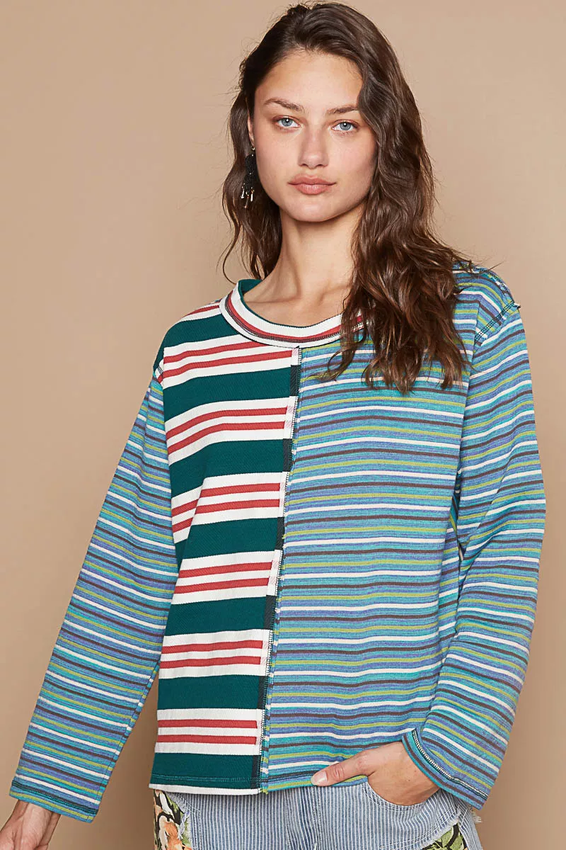 Color Block Striped Round Neck Long Sleeve T-Shirt, image 2