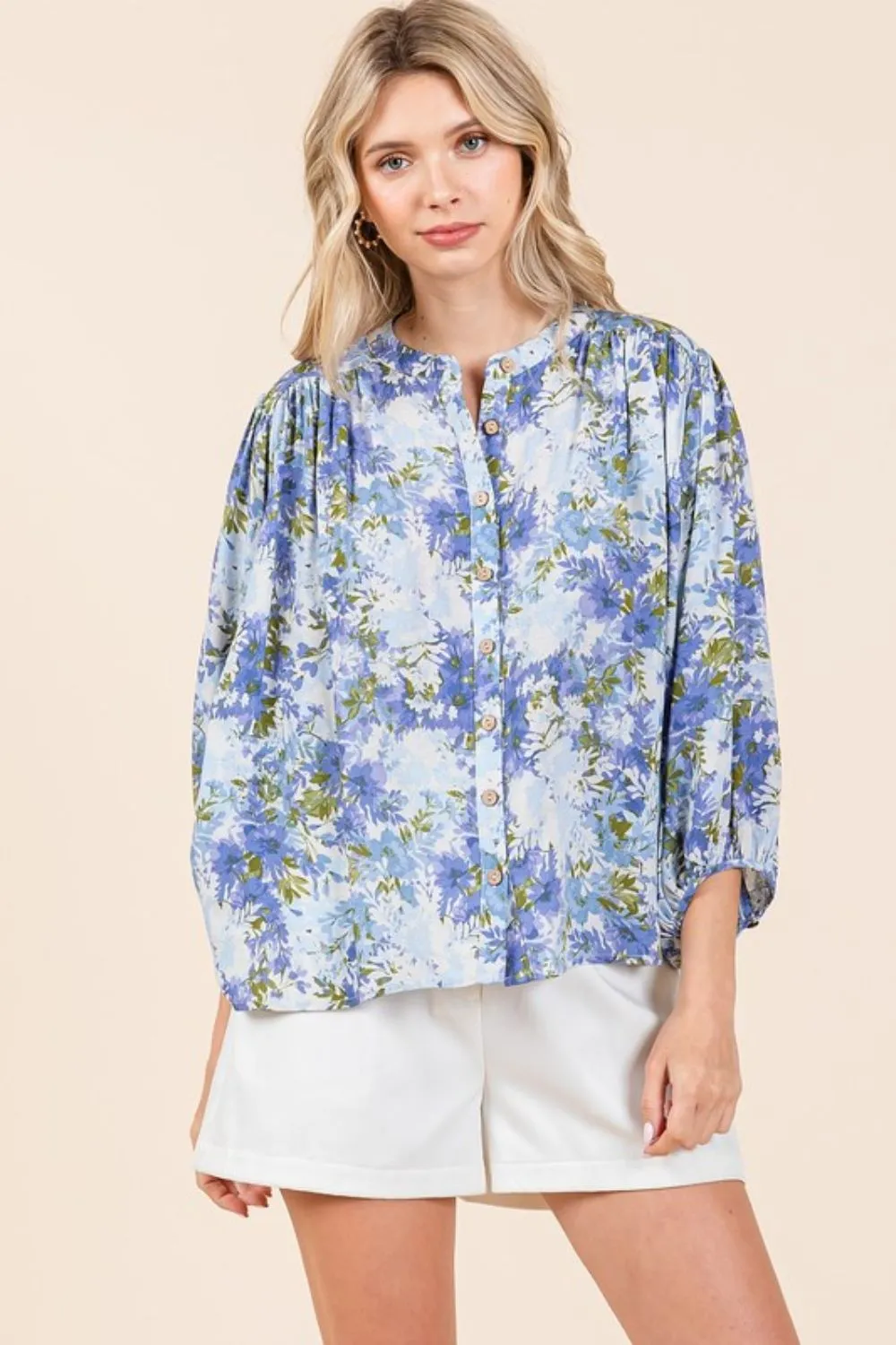 Flower Print Batwing Sleeve Button Down Blouse, image 2