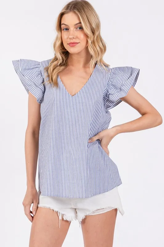 Ces Femme Striped V-Neck Ruffled Cap Sleeve Blouse, image 3