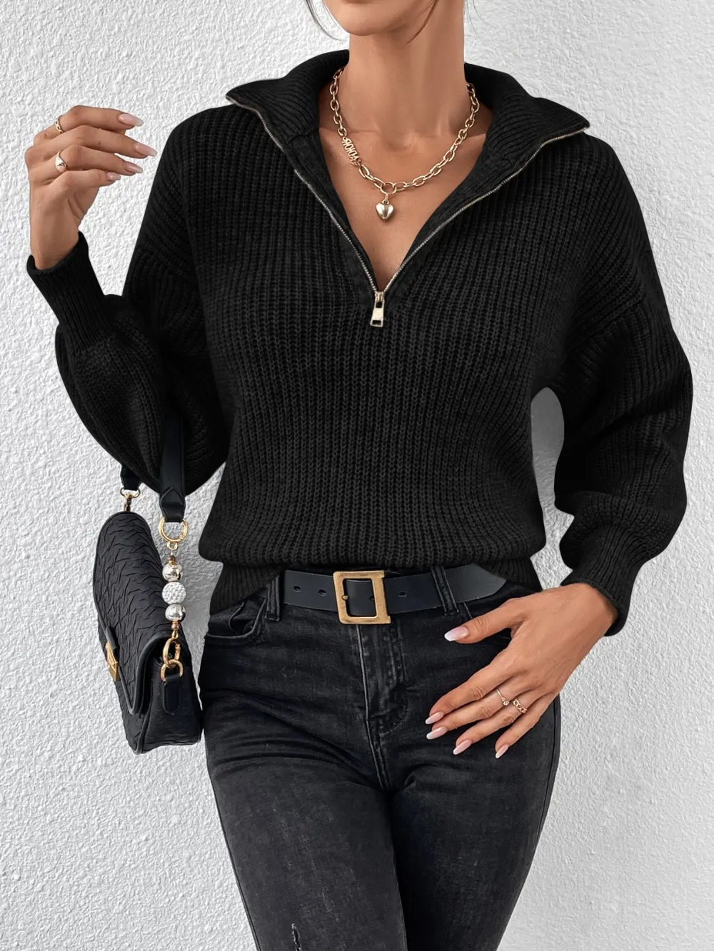 Half Zip Dropped Shoulder Sweater, image 4