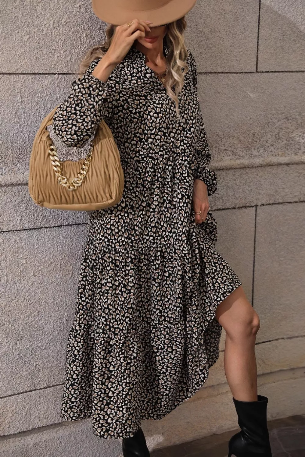 Leopard Notched Balloon Sleeve Dress, image 3