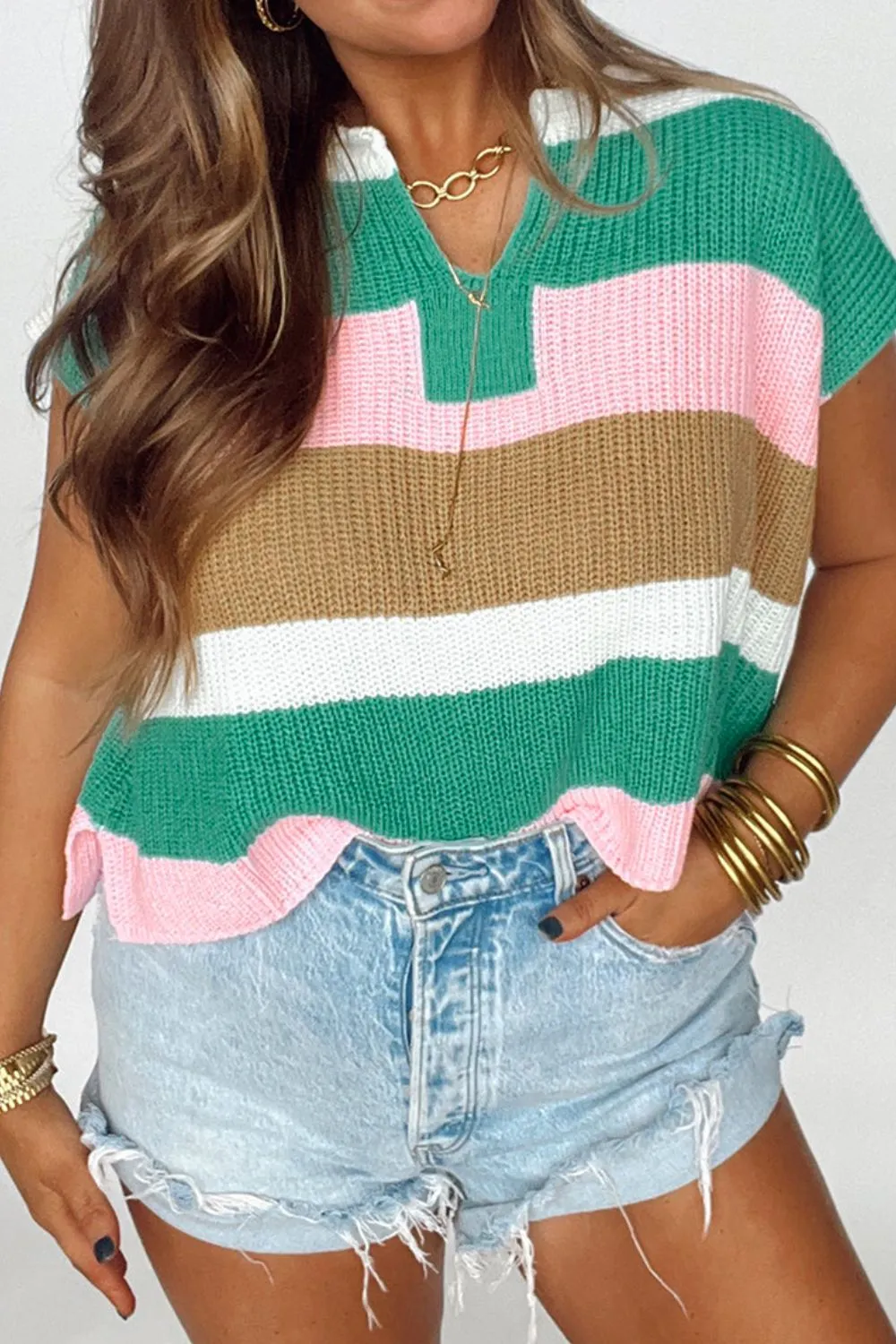 Color Block Notched Cap Sleeve Knit Top, image 2