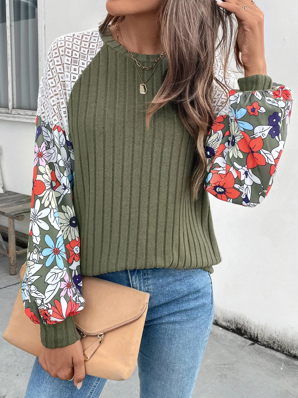 Printed Round Neck Long Sleeve Knit Top, image 3