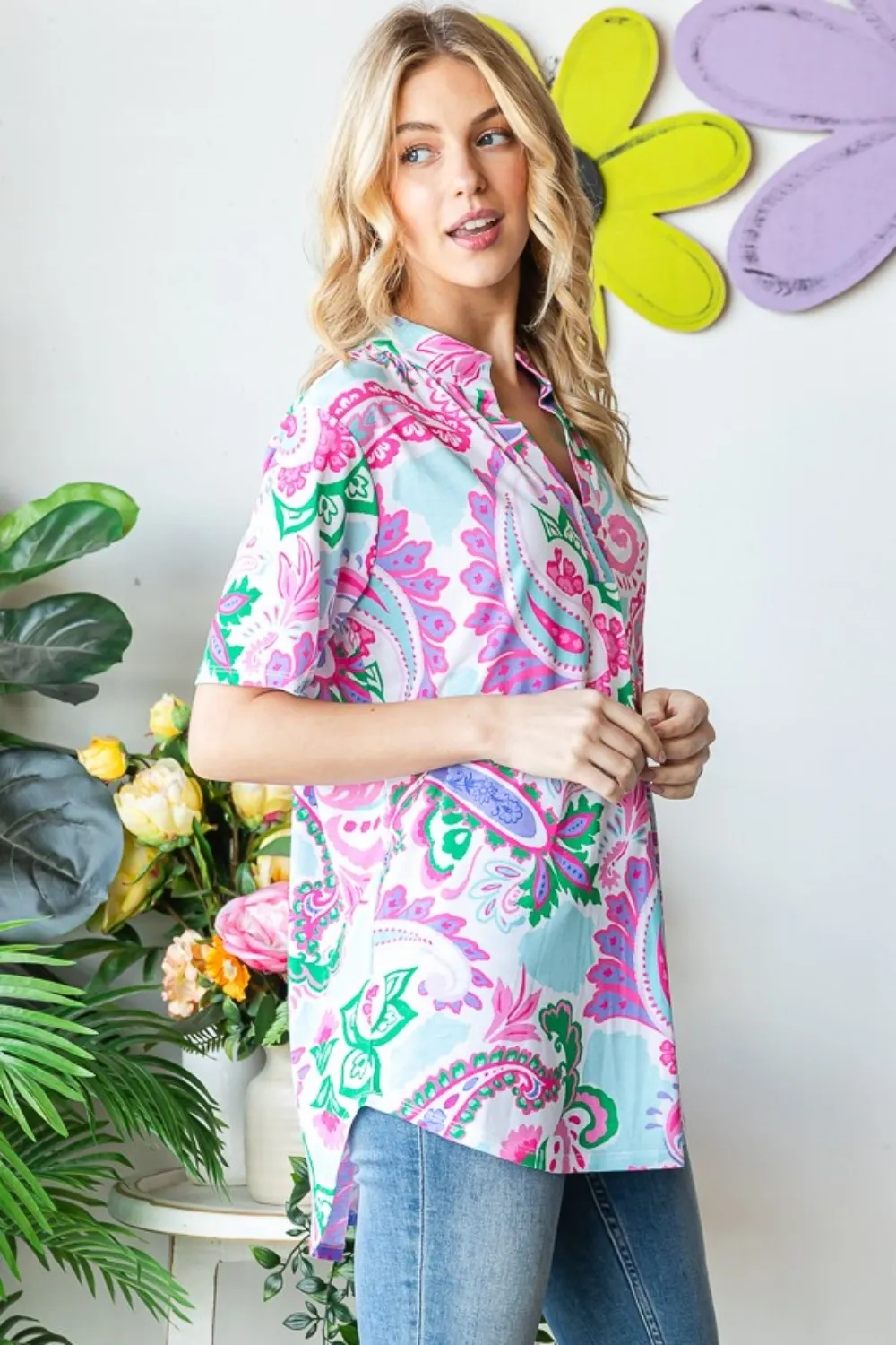 Full Size Paisley Print Short Sleeve Top, image 3