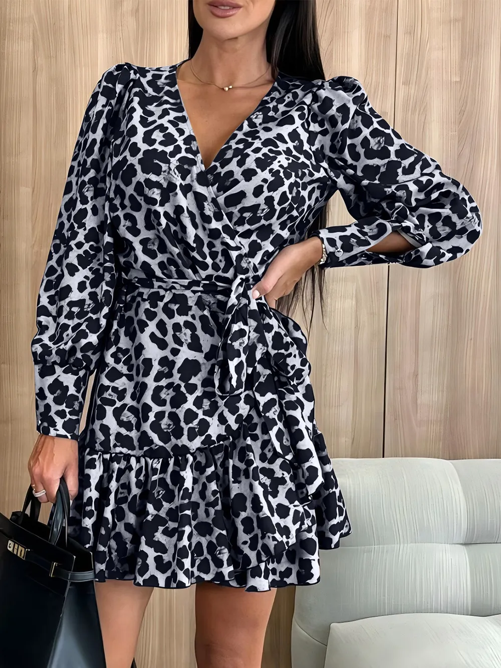 Tied Leopard Surplice Long Sleeve Dress, image 10