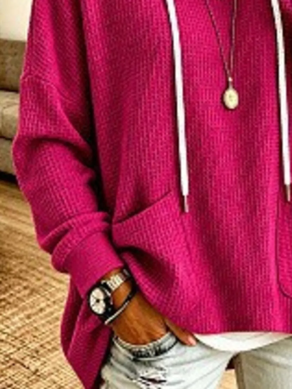 Full Size Waffle Knit Hoodie with Pockets Plus Size, image 2
