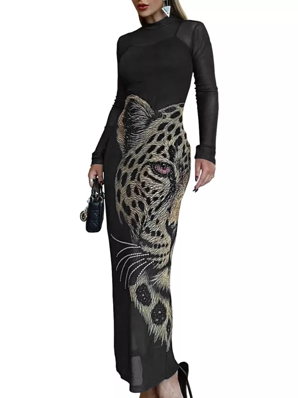 Leopard Print Mesh Long Sleeve Maxi Dress, image 2