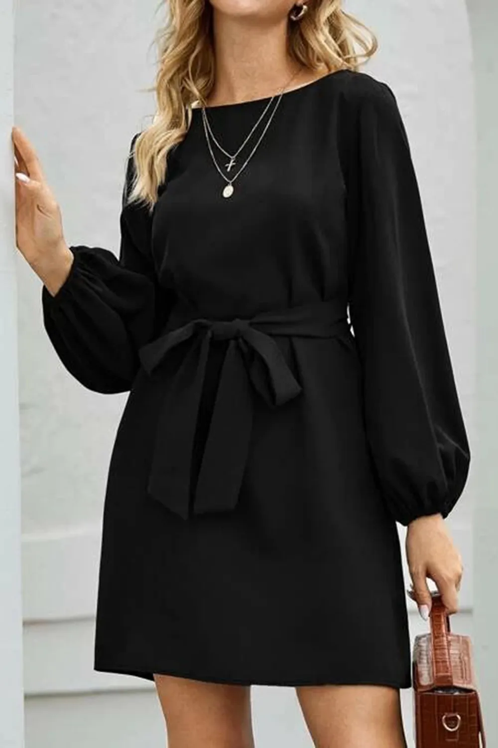 Tied Boat Neck Balloon Sleeve Mini Dress, image 13