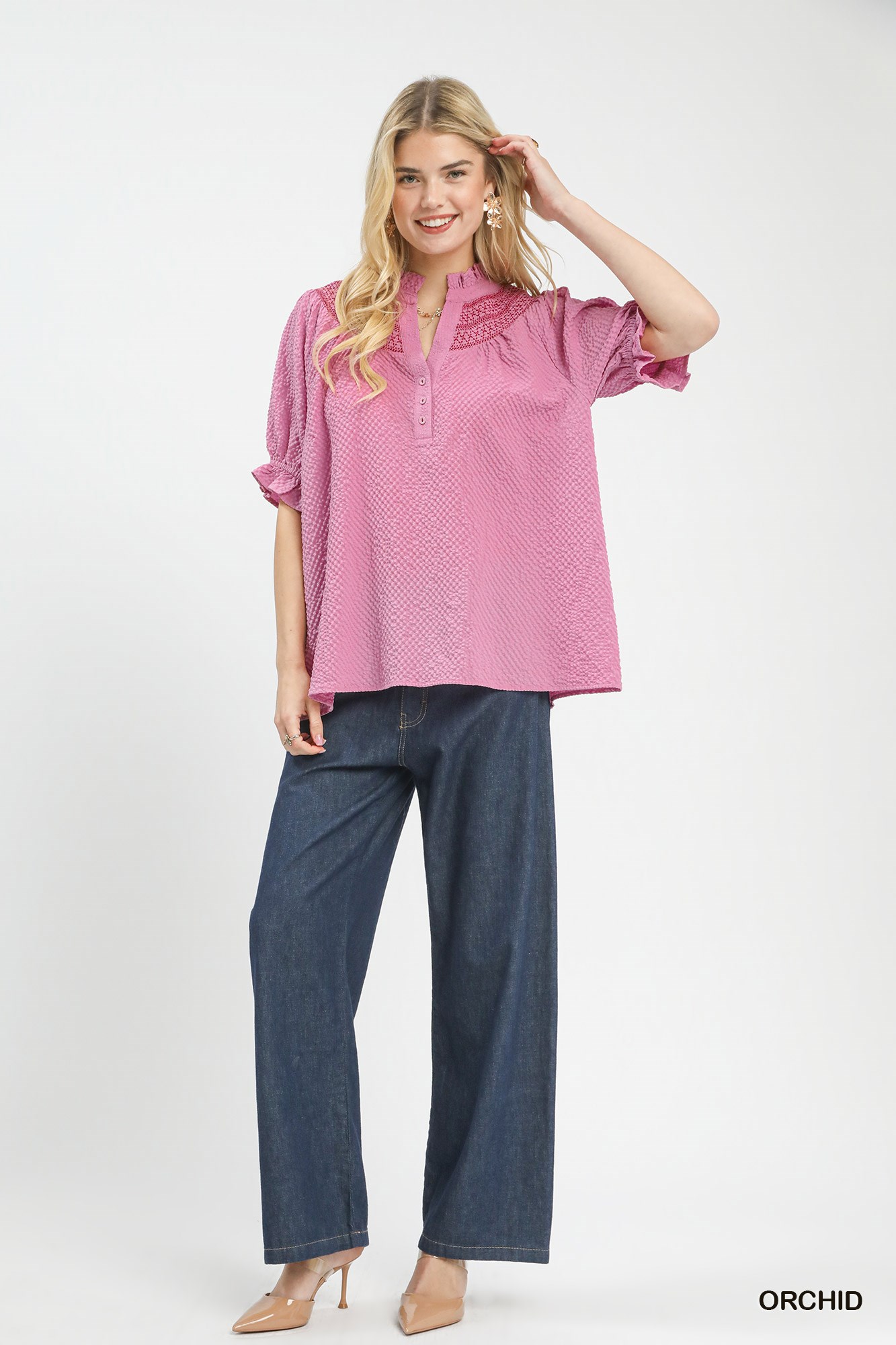 Textured Henley Blouse with Ruffle Cuffs, image 2