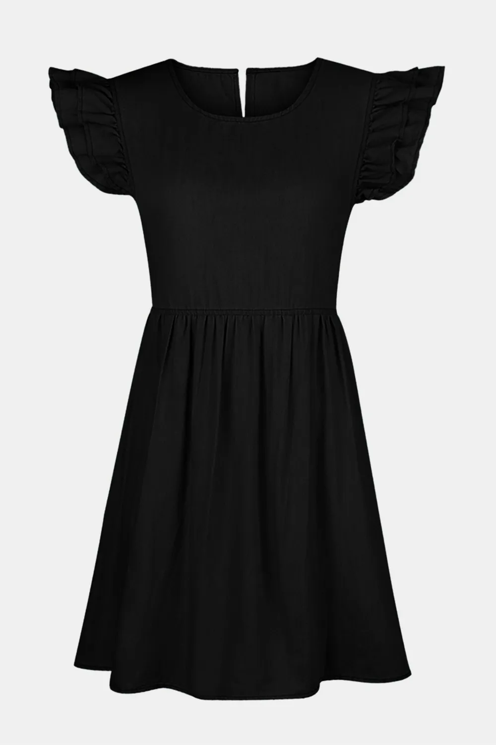 Full Size Ruffled Round Neck Cap Sleeve Denim Dress, image 3