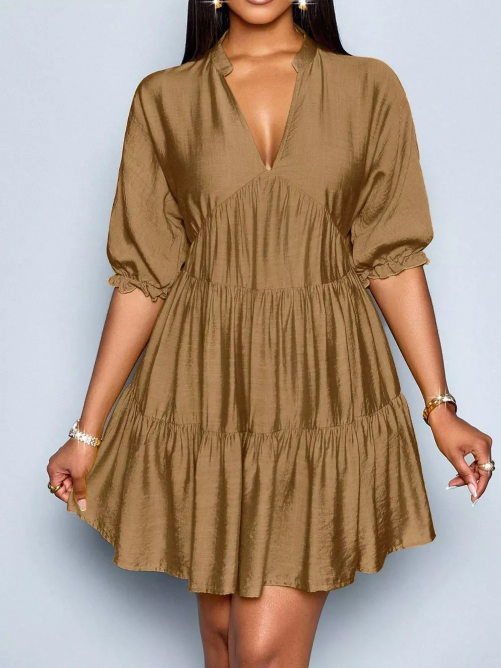 Notched Half Sleeve Tiered Dress, image 11