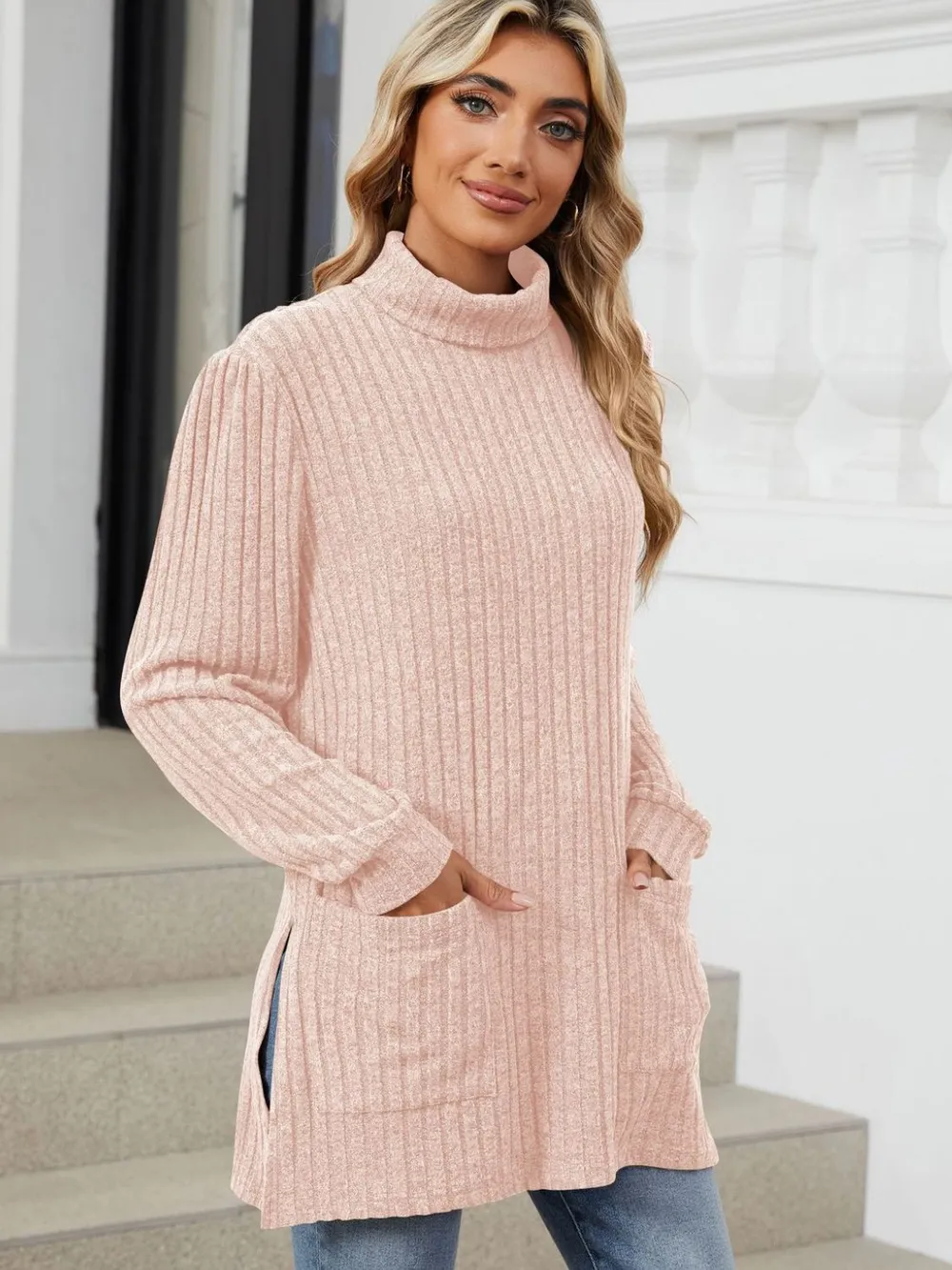 Slit Mock Neck Long Sleeve T-Shirt, image 32
