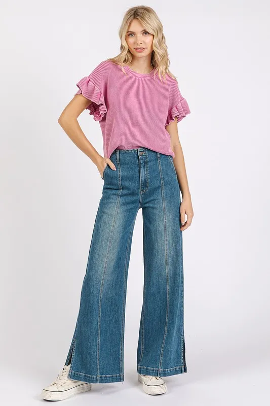 Medium Wash Seam Detail Wide Leg Denim Jeans, image 3