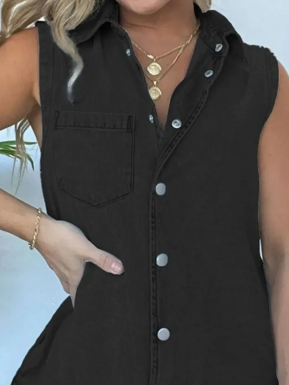 Button Front Sleeveless Denim Romper, image 6