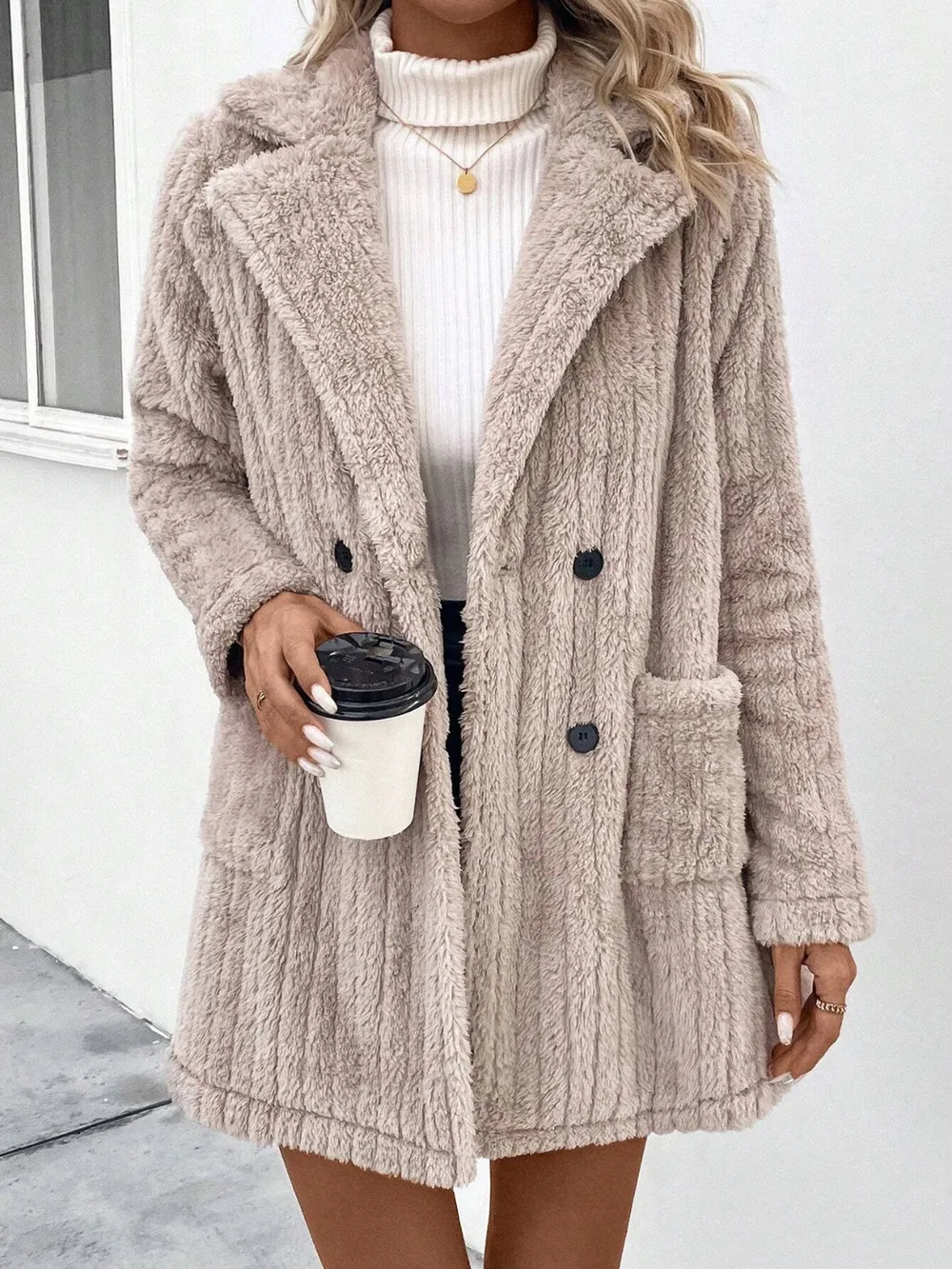 Fuzzy Button Up Long Sleeve Coat with Pockets, image 5