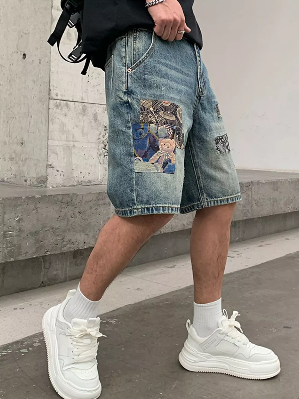 Men's Patchwork Graphic Denim Shorts