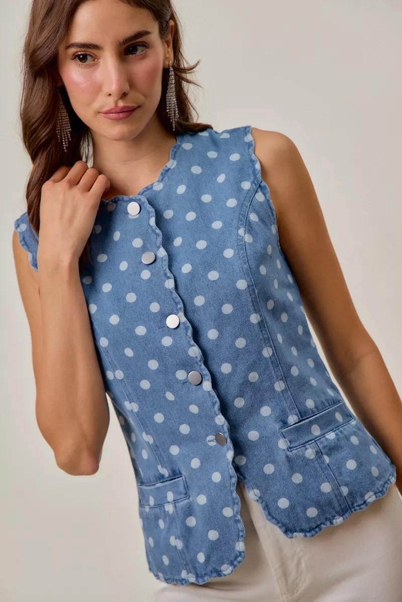 Polka Dot Denim Scallop Edge Button Down Vest Top, image 2