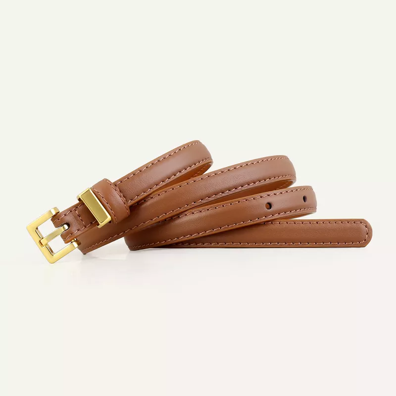 Skinny Leather Belt with Golden Buckle, image 2