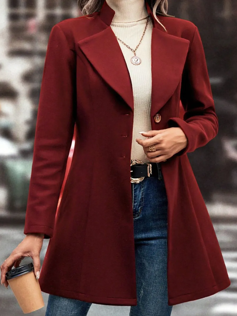 Collared Neck Button Up Long Sleeve Coat, image 5