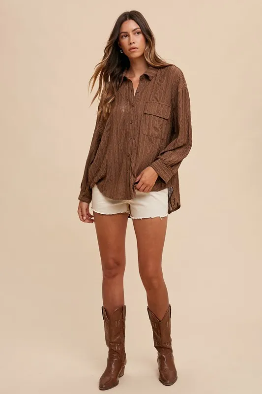Openwork Button Down Drop Shoulder Shirt, image 3