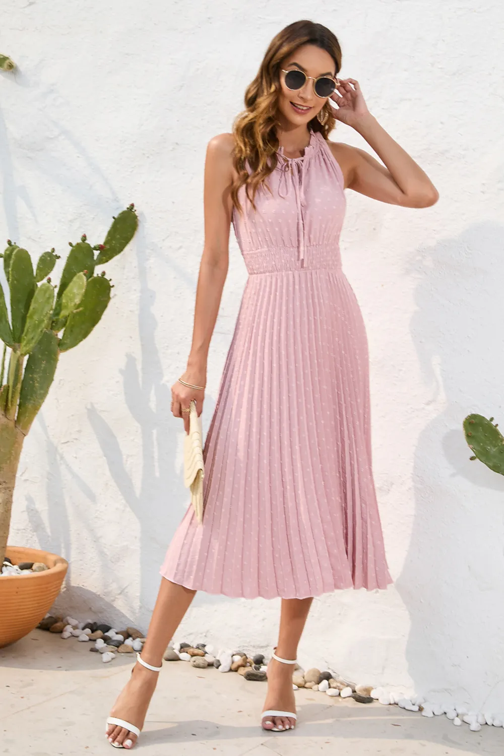 Swiss Dot Tie Neck Sleeveless Dress, image 4