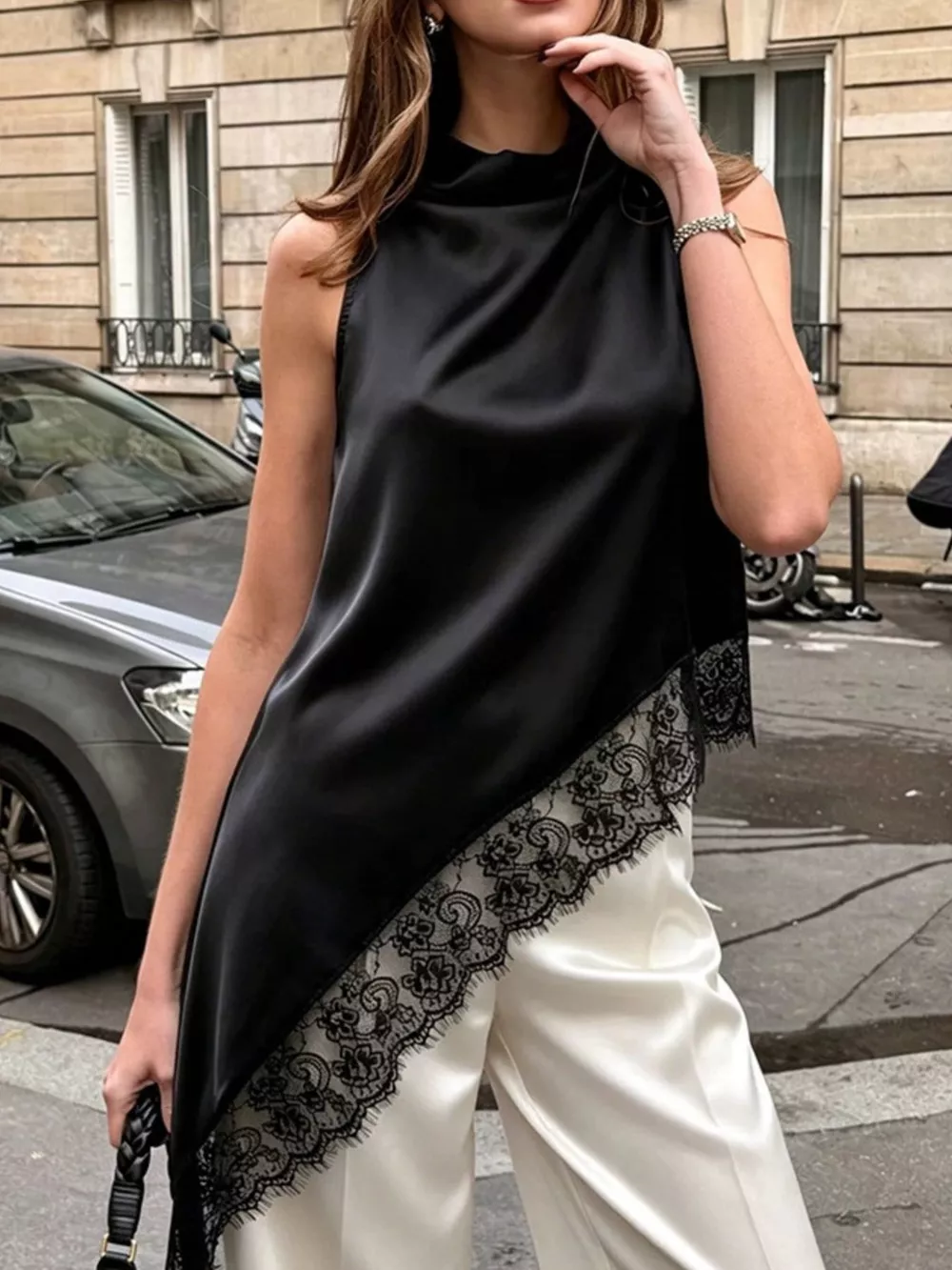 Polka Dot Lace Trim Asymmetrical Hem Sleeveless Blouse, image 10