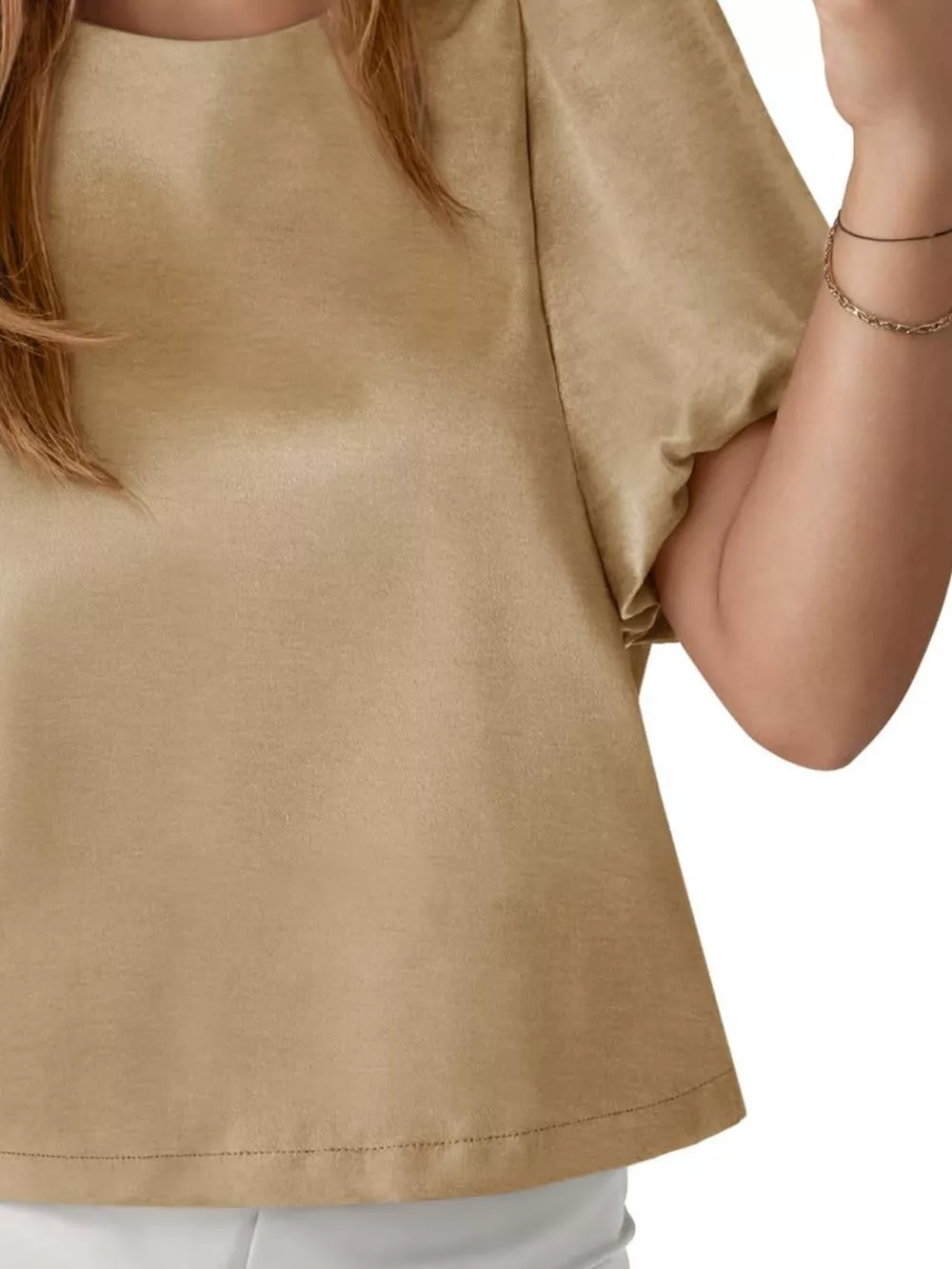 Round Neck Puff Sleeve Satin Top, image 3