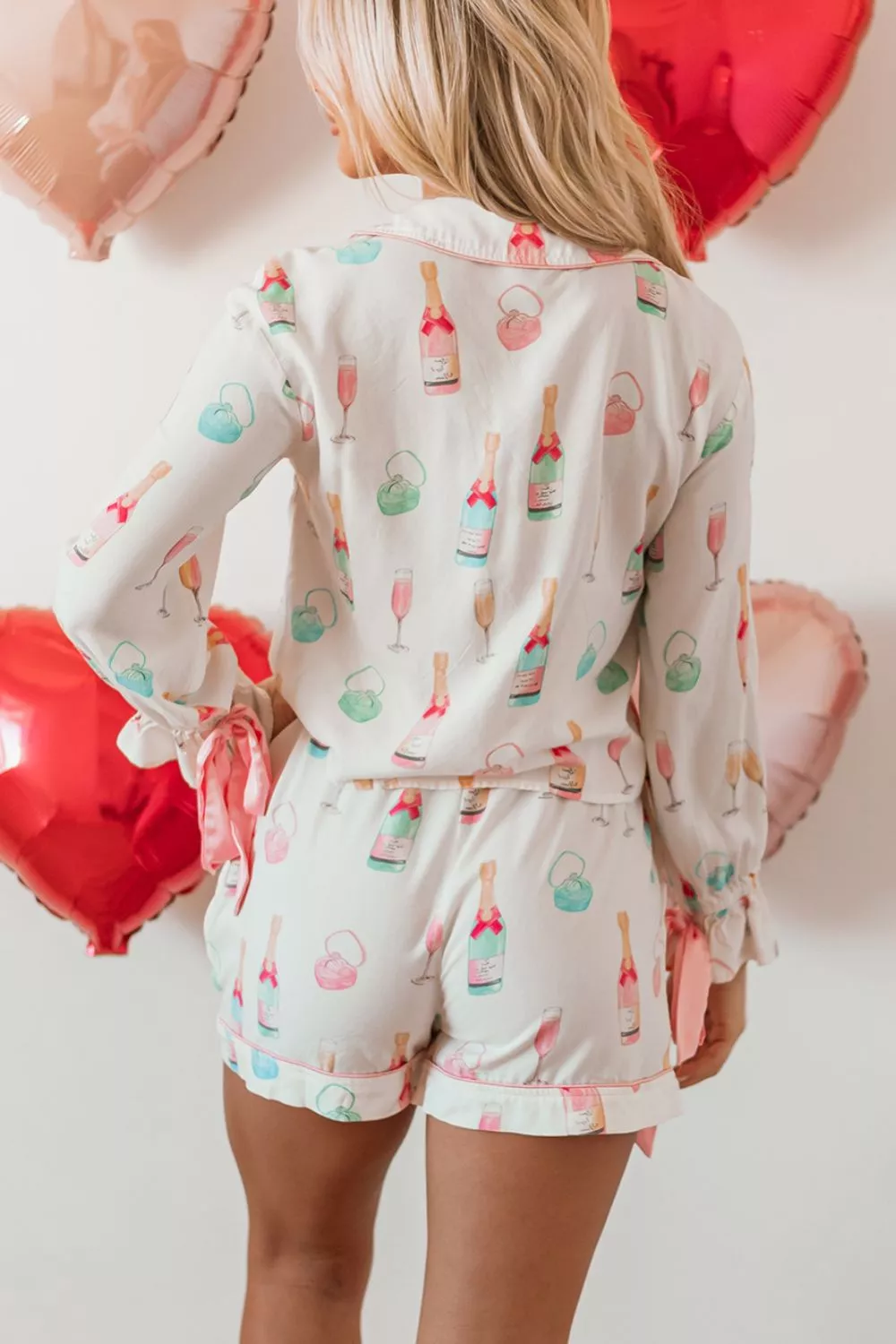 Bow Printed Collared Neck Top and Drawstring Shorts Lounge Set, image 3