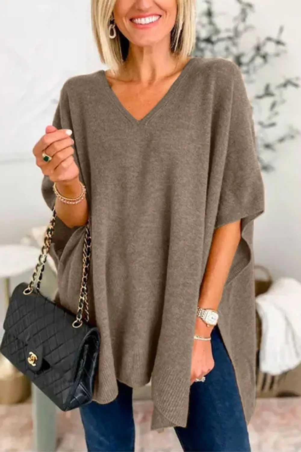 Slit V-Neck Half Sleeve Knit Top, image 5