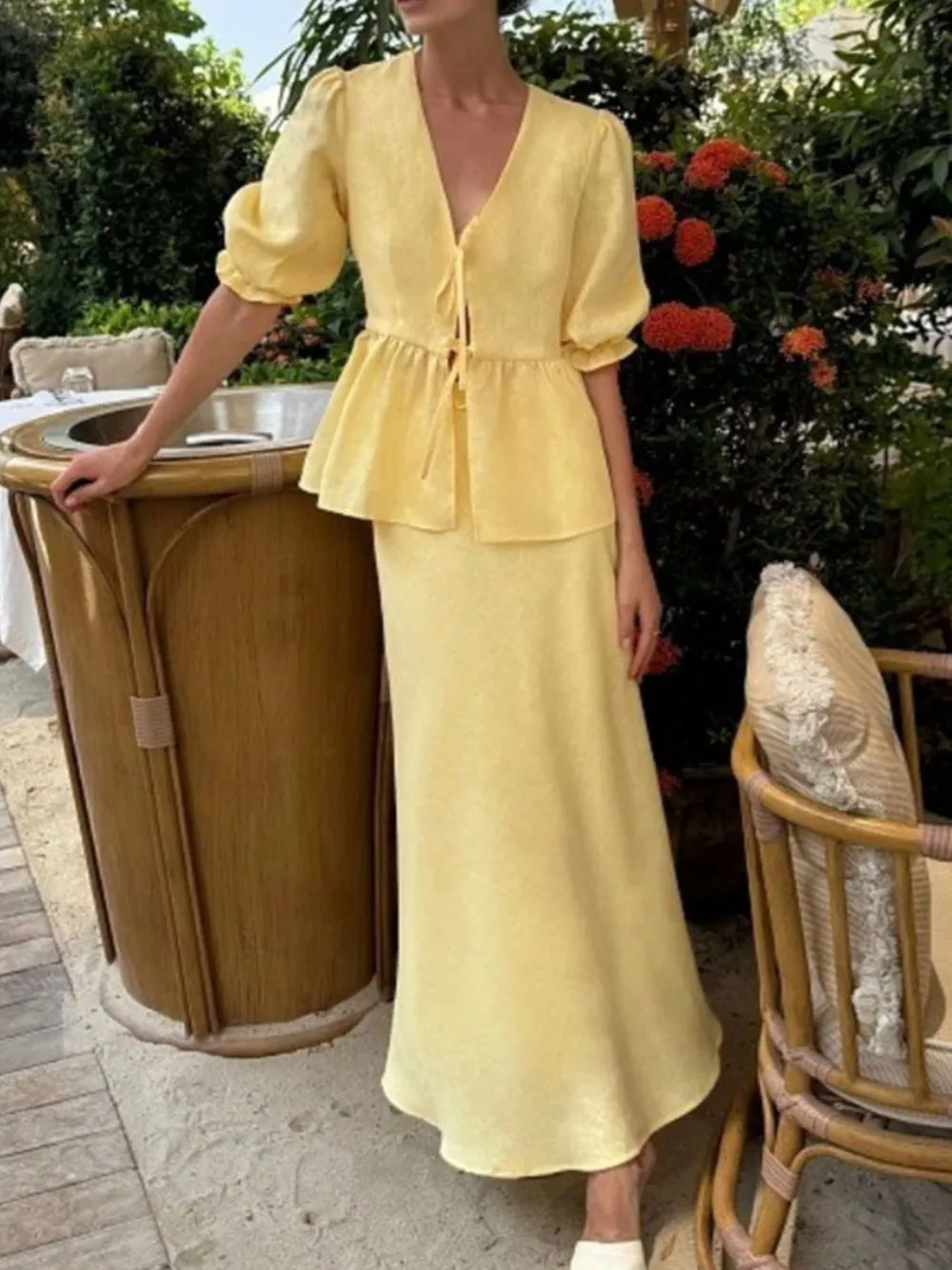Tie Front Peplum Top and Skirt Set, image 8